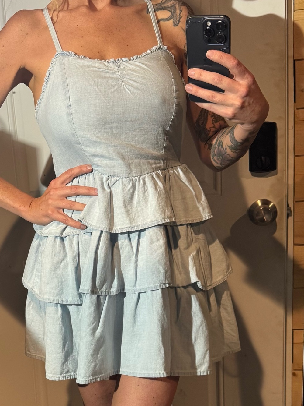 Arizona Jean Company Light Blue Ruffle Tiered Mini Dress